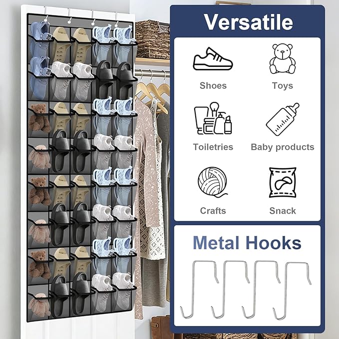 Over the Door Shoe Organizer - 40 Large Breathable Mesh Pockets, Space Saving Hanging Shoe Organizer with Metal Hooks, Hanging Shoe Rack for Men's and Women's Shoes (Grey)