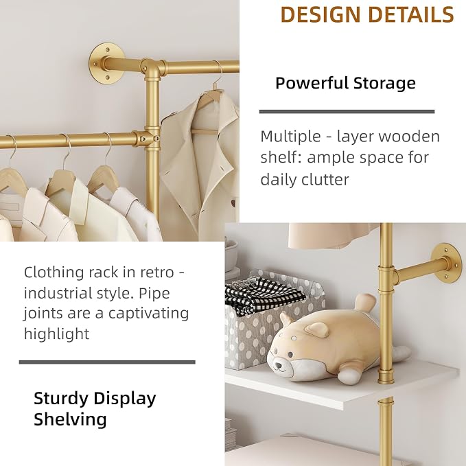 Industrial Pipe Clothing Rack, Heavy Duty Adjustable Garment Hanger with Shelves, 2 Installation Methods Closet Storage System for Wardrobe Organization (Gold, 80" H x 86" W)