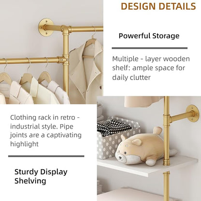 Industrial Pipe Clothing Rack, Heavy Duty Adjustable Garment Hanger with Shelves, 2 Installation Methods Closet Storage System for Wardrobe Organization (Gold, 80" H x 86" W)