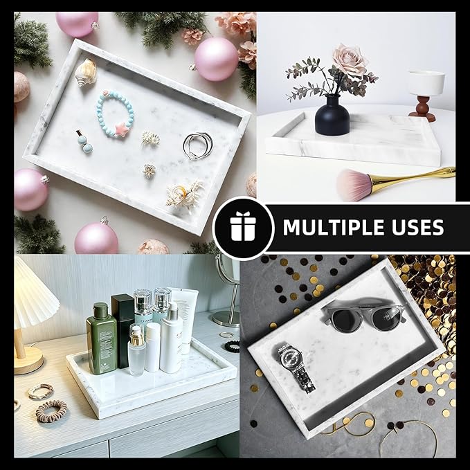 Yew & Tulip Natural Marble Vanity Tray, Nature White Marble with Spots Serving Tray for Bathroom, Kitchen, Vanity, Home Decor, Wedding etc. (12" x 8" x 1.2")