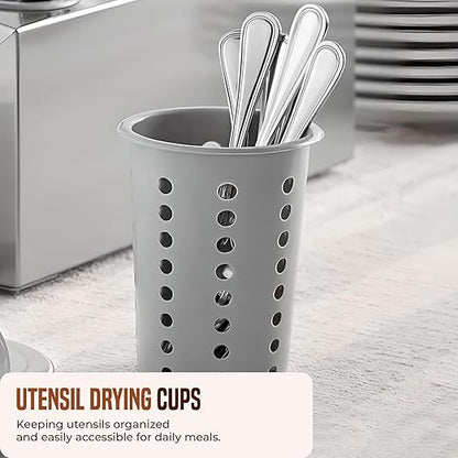 OCS Parts Perforated Utensil Drying Cups | Gray | Set of 3 | Plastic Flatware Holder Cylinders for Kitchen Counter Organization