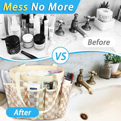 Fammart Mesh Shower Caddy Portable for College Dorm Room Essentials, Odorless Polyester Large Shower Tote Bag with Dual Handles, 8-Pocket Quick-Dry Toiletry Organizer for Travel, Beach, Camping, Gym