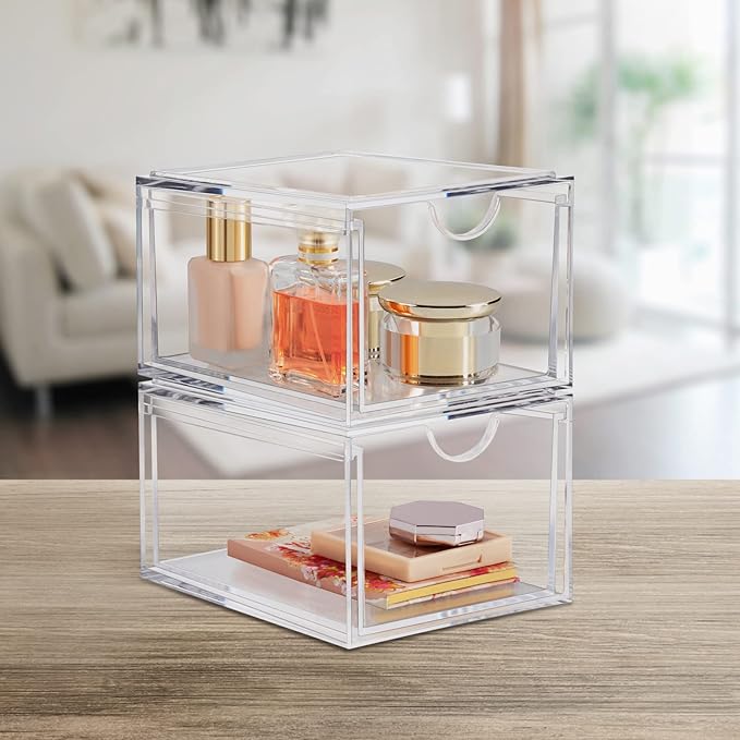 Boxalls 2 Pack Acrylic Stackable Storage Drawers Makeup Organizer, 20% Thicker Clear Bathroom Organizers for Cosmetics, Skin Care, Hair Accessories, Beauty, Vanity, Countertop and Dresser