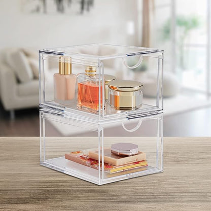 Boxalls 2 Pack Acrylic Stackable Storage Drawers Makeup Organizer, 20% Thicker Clear Bathroom Organizers for Cosmetics, Skin Care, Hair Accessories, Beauty, Vanity, Countertop and Dresser