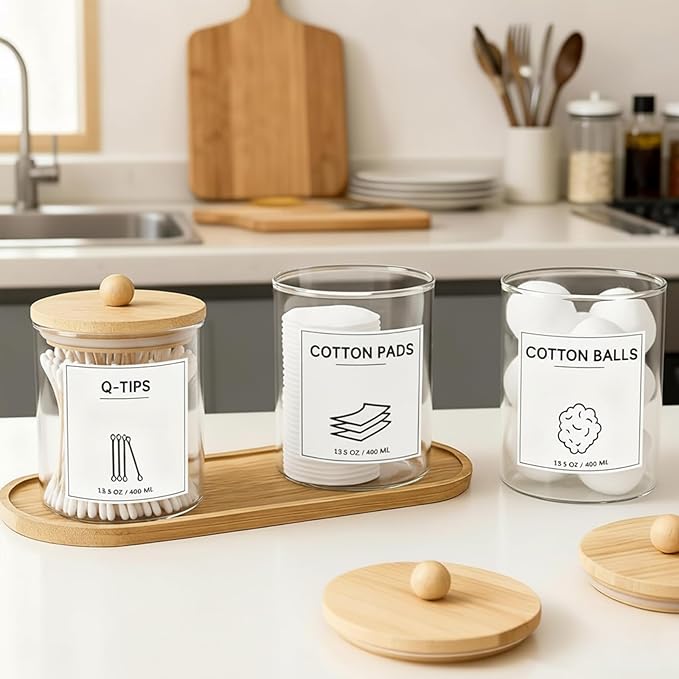 3Pack Glass Qtip Holder with Bamboo Tray, Cotton Ball Holder, 13.5 oz Apothecary Jars Bathroom Canisters with Lids, Bathroom Jars for Floss Picks, Cotton Swabs, Balls, Pads(Clear)