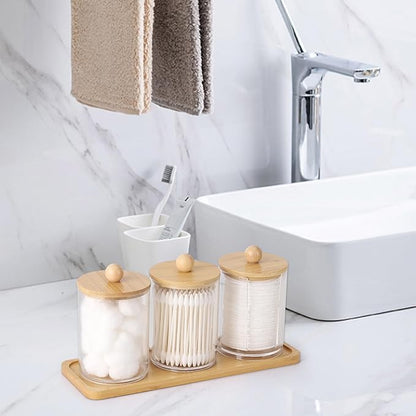 Tbestmax 10 oz Qtip Holder with Vanity Tray, 3 Pack Cotton Swab/Ball/Pad Dispenser Apothecary Jar, Clear Bathroom Containers Dispenser for Storage Bamboo Lids
