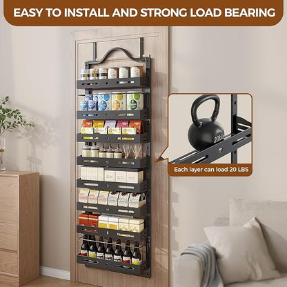 8-Tier Over The Door Pantry Organizer, Large 2 IN 1 Wall Mount or Hanging Spice Rack, Pantry Door Organizer and Storage with Adjustable Basket, Door Spice Rack for Pantry, Black
