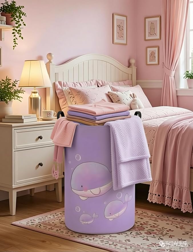 Round Cute Whale Laundry Basket,Collapsible Laundry Hamper for Nursery,Toy Storage Bin for Kids Girls,Waterproof Storage Basket for Home,Bedroom,Playroom,New Parent Gift(Purple Whale)