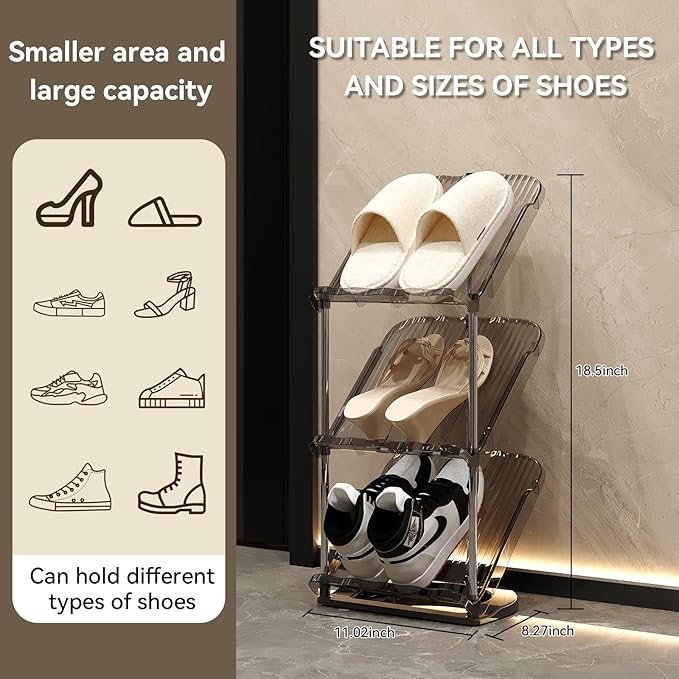 YYW Narrow Shoe Rack Vertical Shoes Rack for Entryway Corner Shoe Storage Organizer for Small Spaces Transparently Tall Slim Shoe Shelf for Front Door Entrance Living Room Grey 3 Layers