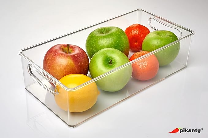 Pikanty Clear Refrigerator Organizer Bin with Handles — 11 Inch Compact Stackable Fridge and Pantry Storage Container for Snacks, Yogurt, Condiments, Dishwasher Safe, Made in USA