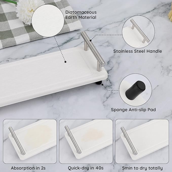 Segbeauty 12x4in Stone Drying Tray for Kitchen Counter, Water Absorbent Fast Drying Diatomaceous Tray, Instant Dry Sink Caddy Countertop Organizer Rack Soap Holder Small Vanity Tray for Bathroom White