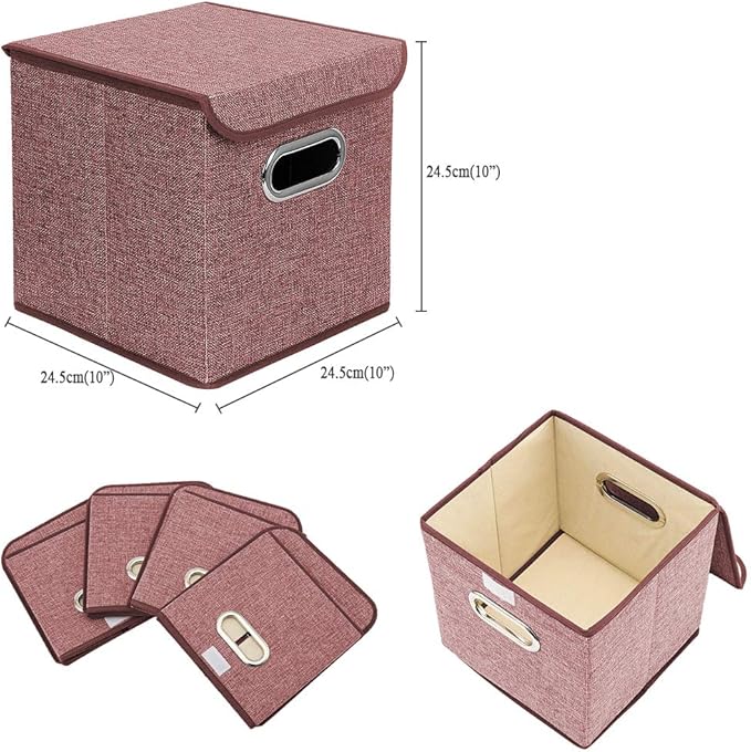 Storage Bin [Set of 4] Linen Fabric Foldable Container with Lid, Collapsible Organizer Boxes Cubes – 10 x 10 x 10 Inches (Red)