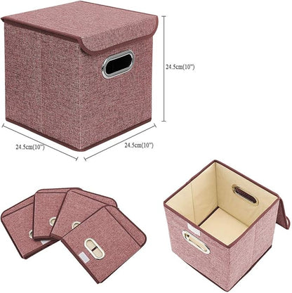 Storage Bin [Set of 4] Linen Fabric Foldable Container with Lid, Collapsible Organizer Boxes Cubes – 10 x 10 x 10 Inches (Red)