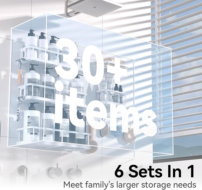 YASONIC Shower Caddy, Large Capacity Bath Organizer with Soap Holder and 12 Hooks, 6 Pack Rustproof Bathroom Shelves for Inside Shower, No Drilling&Sleek Bathroom Organizers and Storage White