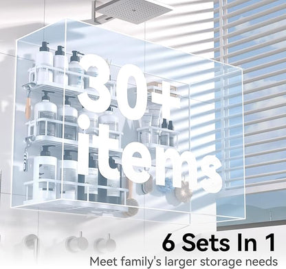 YASONIC Shower Caddy, Large Capacity Bath Organizer with Soap Holder and 12 Hooks, 6 Pack Rustproof Bathroom Shelves for Inside Shower, No Drilling&Sleek Bathroom Organizers and Storage White