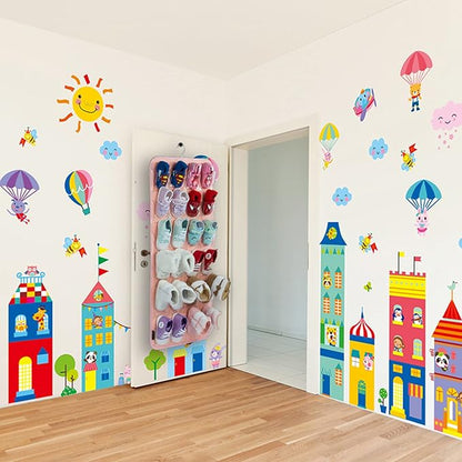 PACMAXI Over The Door Shoes Organizer for 12 Pairs of Baby Shoes Boys Girl, Hanging Baby Sole Shoe Organizer with Hanger(Felt Material-Pink)