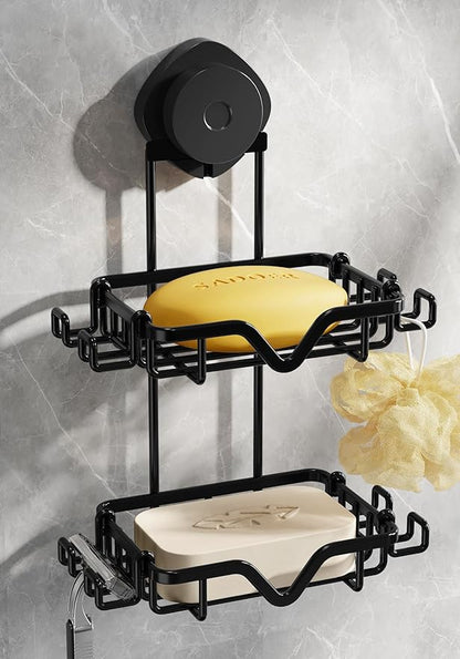 KEGII 2 Layer Soap Dish Suction Cup Soap Holder, Stainless Steel Shower Bar Soap Holder with Razor Holder, Strong Sponge Holders for Shower, Bathroom, Kitchen Sink, No Drill, Removable