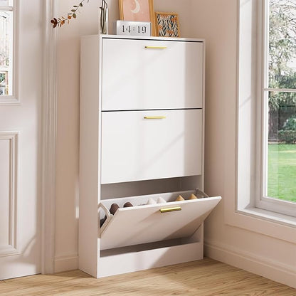 LYNSOM Shoe Cabinet, Free Standing Tipping Bucket Shoe Rack Organizer with 3 Flip Drawers, Modern Entryway Shoe Storage with Top Display, Narrow Slim Hidden Shoe Cabinet (White)