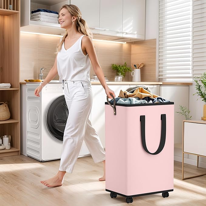 SpaceTrove Laundry Basket with Wheels, Collapsible Laundry Baskets, Laundry Hamper with Handles Detachable Wheels, Rolling Laundry Basket, Dirty Clothes Hamper for Bathroom, Dorm, Bedroom, Pink, 100L