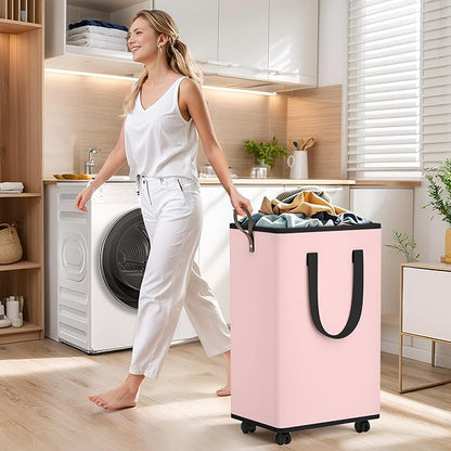 SpaceTrove Laundry Basket with Wheels, Collapsible Laundry Baskets, Laundry Hamper with Handles Detachable Wheels, Rolling Laundry Basket, Dirty Clothes Hamper for Bathroom, Dorm, Bedroom, Pink, 100L