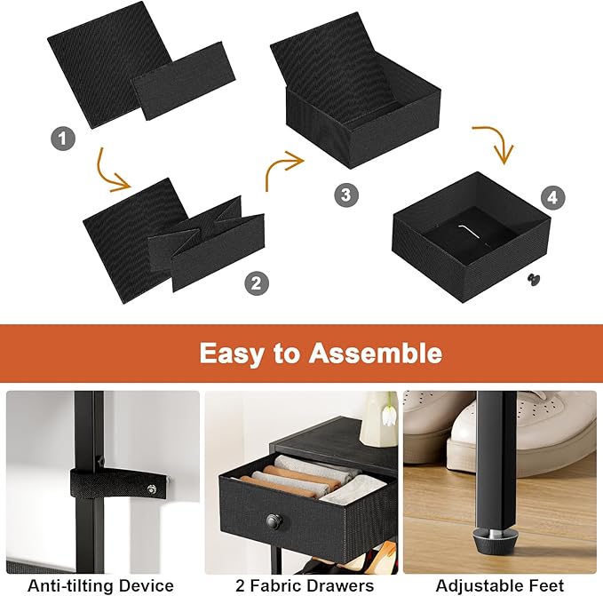 Shoe Rack, 5 Tier Shoe Organizer with 3 Drawers, Metal Shoe Storage for 24-30 Pairs of Shoes with Fabric Shelves and Wooden Top, Narrow Shoe Shelf for Closet Entryway Black