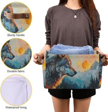 Storage Basket Wolf in The Sunrise Pattern Durable Canvas Collapsible Toy Box Organizer Bin with Handles for Shelf Closet Bedroom Home Office