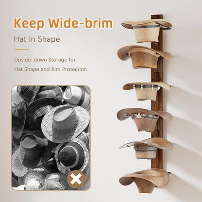 REFGY Cowboy Hat Rack for Wall, 6-Tier Solid Wood-Texture Western Hat Holder, Large Brim Hat Organizer for Wall Mount, Rustic Hat Hanger for Home Decor & Storage, Brown