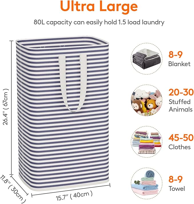 Lifewit 2 Pack Laundry Basket 80L Each, Collapsible Clothes Hamper with Reinforced Handles, Freestanding Waterproof Design for Bedroom and Laundry Room, Navy 160L Total