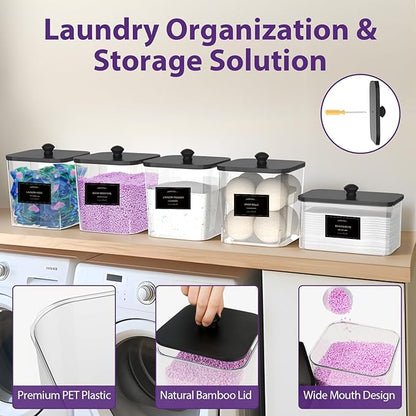 COAZEX 4+1 Pack Clear Laundry Pods Container & Dryer Sheet Holder, Plastic Square Laundry Room Organization and Storage Jars with Black Lids, Scoops & Labels for Detergent, Powder, Dryer Balls