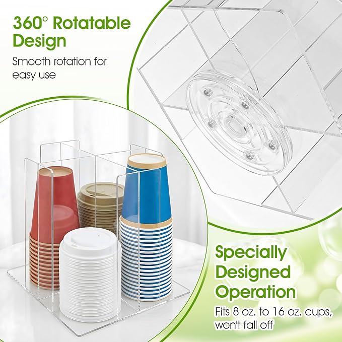 Cup and Lid Holder, 4-Compartment Clear Acrylic Cup Dispenser Lid Carousel - Countertop Coffee Cups Organizer for Restaurant, Buffet, Coffee Station, Bar, Square | Rotating