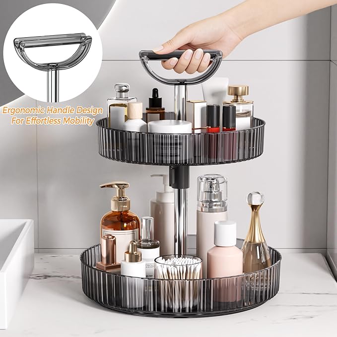 2-Tier Lazy Susan 360° Rotating Turntable Organizer Rack with Handles Height Adjustable, Spice Rack Holder Organizer for Cabinet, Pantry Organizers Bathroom Countertop Storage (Dark Gray)