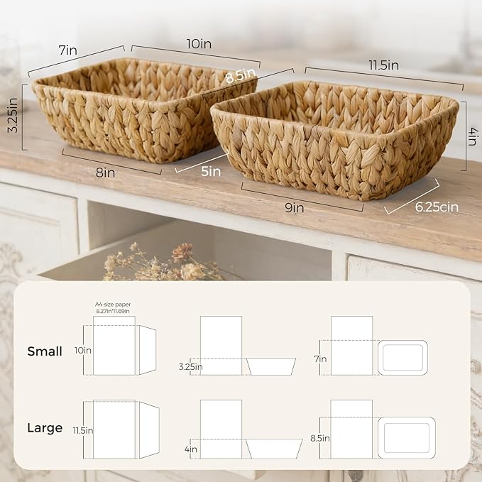Small Wicker Baskets For Storage,Woven Basket For Organizing, Natural Water Hyacinth Decorative Basket, Empty Gift Baskets,2 Pack