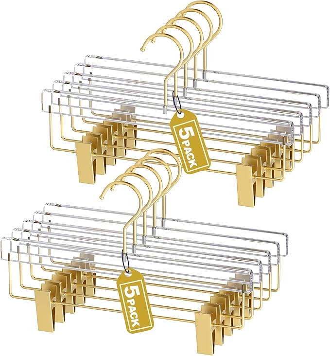 Acrylic Gold Pants Hangers with Adjustable Clips 10 Pack, Non-Slip Skirt Hanger for Women, Heavy Duty Space-Saving Clothes Organizer for Trousers, Coats, Jeans, Adults & Kids