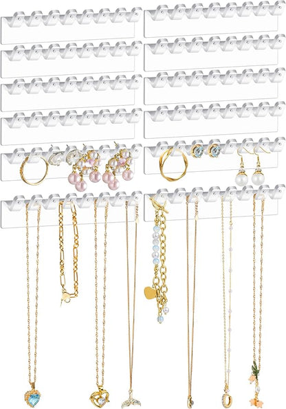 NiHome 12-Pack 96 Hooks Wall-Mounted Clear Plastic Jewelry Organizers for Earrings, Necklaces, Bracelets, Rings, Studs, No-Drill Adhesive Installation Racks for Closet, Bathroom, Bedroom, Mirror