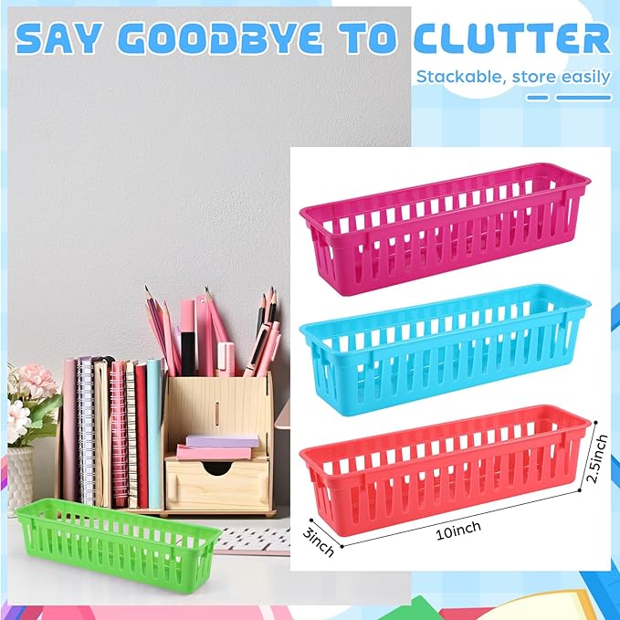6 Pcs Colorful Slim Plastic Storage Baskets Tray 10 x 3 x 2.5 Inch Compact Stackable Desk Organizer for Office, Classroom, School Supplies, and Home Storage, Organization(Colorful)