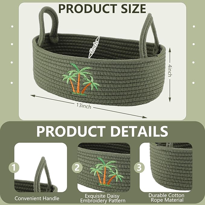 Vesici Coconut Palm Tree Woven Storage Basket for Toilet Tank Top Tropical Beachy Cotton Rope Bathroom Countertop Organizer Basket with Handle Summer Green Bathroom Decor for Bedroom, 13 x 6 x 4 Inch