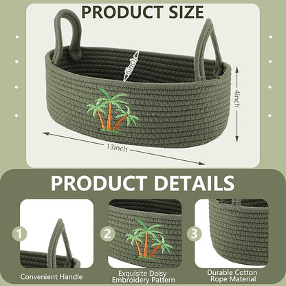 Vesici Coconut Palm Tree Woven Storage Basket for Toilet Tank Top Tropical Beachy Cotton Rope Bathroom Countertop Organizer Basket with Handle Summer Green Bathroom Decor for Bedroom, 13 x 6 x 4 Inch