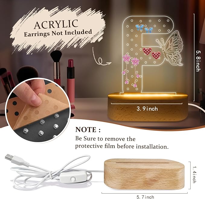 COSHAYSOO Initial Acrylic Earring Holder Organizer for Women Teen Girls with Butterfly Decorations LED Night Light Personalized Trendy Gifts for Daughter 16 th 18th Birthday Jewelry Stand Letter F