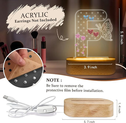 COSHAYSOO Initial Acrylic Earring Holder Organizer for Women Teen Girls with Butterfly Decorations LED Night Light Personalized Trendy Gifts for Daughter 16 th 18th Birthday Jewelry Stand Letter F