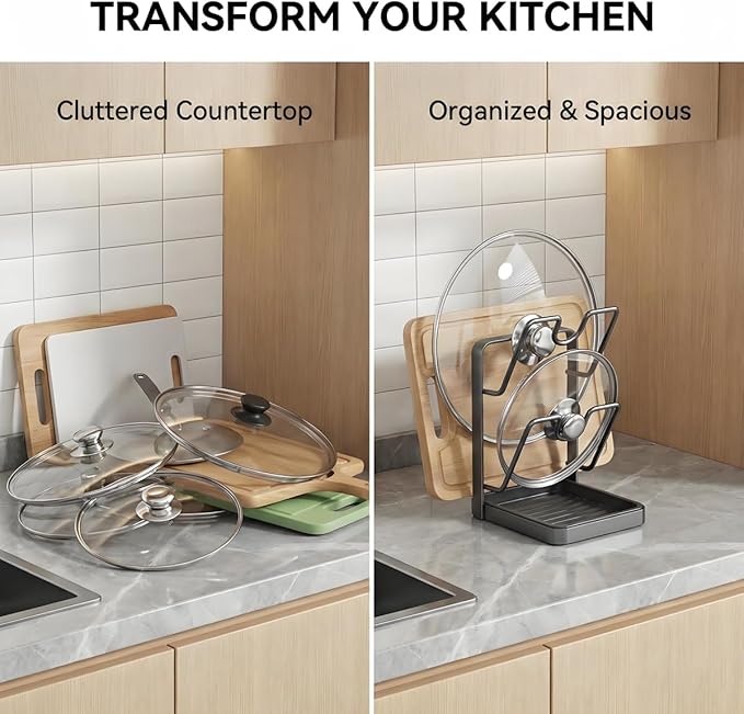 Lispin Pot Lid Holder & Spoon Rest, 2026 Upgraded Multifunctional Kitchen Organizer Rack with Removable Drip Tray, Space-Saving Countertop Stove Top Storage for Pots Pans (Double Layer-Gray)