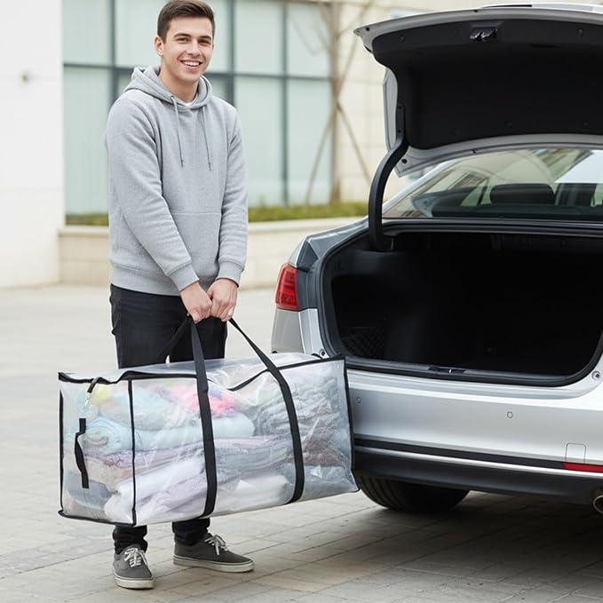 4-Packs Extra Large Heavy Duty Moving Bags, Waterproof Storage Totes with Handles & Zippers Storage Bags Totes for Clothes Packing, Dorms, College Supplies, Space Saving, Clear