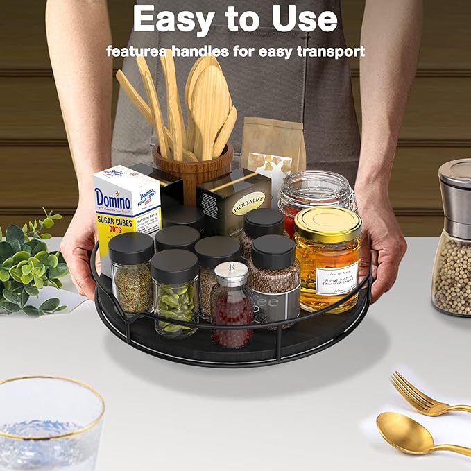 Lazy Susan Turntable Organizer with Anti-Slip Mat for Cabinet Pantry Kitchen Countertop Refrigerator Office, Pine Wood, 10", Black