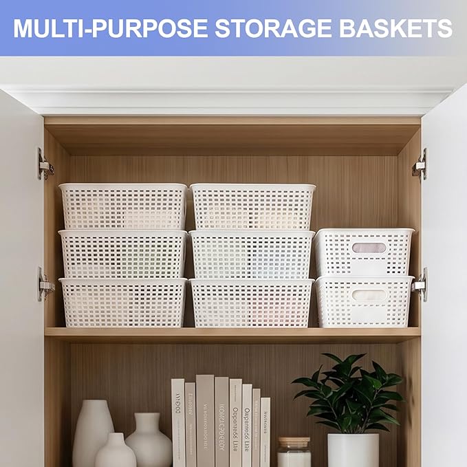 6 Pack Small Plastic Storage Baskets with Lids, Plastic Storage Baskets for Organizing, Stackable Organizer Baskets, Small Storage Bins for Shelves,Closet,Craft Room,Playroom,Classroom,Office, White