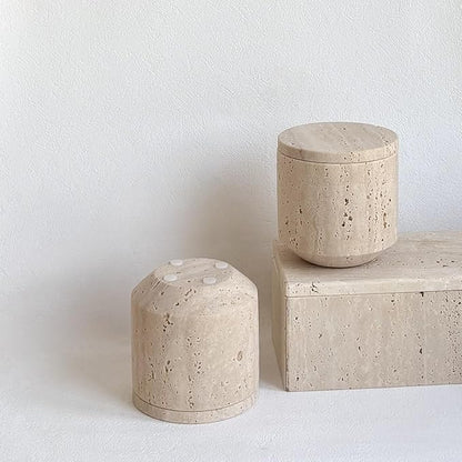 Natural Marble Hole Stone Cosmetic Cotton Swab Sundry Small Tank Storage Box Jar with Lid (Yellow Travertine)