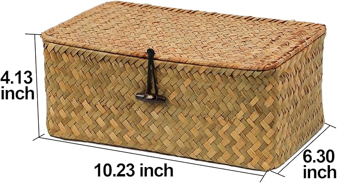 Wicker Basket with Lid, Natural Seagrass Storage Baskets for Organizing, Woven Basket for Storage, Decorative Boxes Bins with Lids Home Organizer Decor (‎Natural, Small)