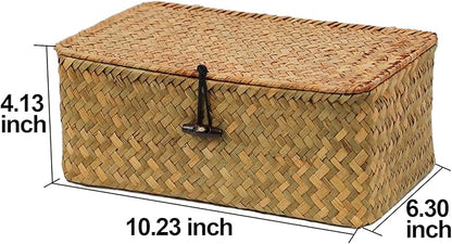 Wicker Basket with Lid, Natural Seagrass Storage Baskets for Organizing, Woven Basket for Storage, Decorative Boxes Bins with Lids Home Organizer Decor (‎Natural, Small)
