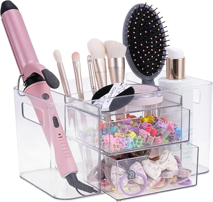 Hair Accessories Organizer for Girls & Women, 2-Drawer Clear Plastic Hair Brush Holder with 3 Compartments, Vanity Countertop Makeup Organizer for Hair Ties, Clips & Bobby Pins