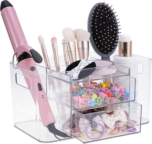 Hair Accessories Organizer for Girls & Women, 2-Drawer Clear Plastic Hair Brush Holder with 3 Compartments, Vanity Countertop Makeup Organizer for Hair Ties, Clips & Bobby Pins