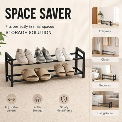 Expandable 2-Tier Shoe Rack Adjustable Shelf Organizer for Entryway Closet Freestanding Narrow Shoe Storage Cabinet for Small Spaces Holds 4-10 Pairs Heels Sneakers (Black, 2 Tier)