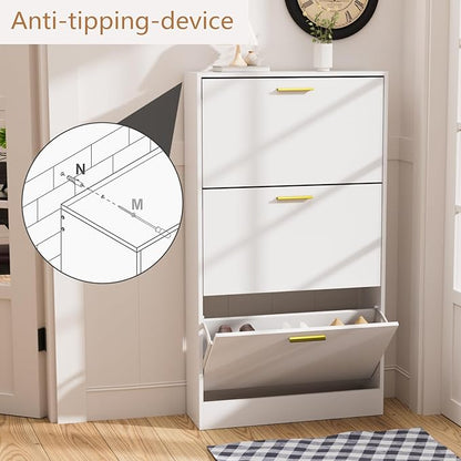 LYNSOM Shoe Cabinet, Free Standing Tipping Bucket Shoe Rack Organizer with 3 Flip Drawers, Modern Entryway Shoe Storage with Top Display, Narrow Slim Hidden Shoe Cabinet (White)